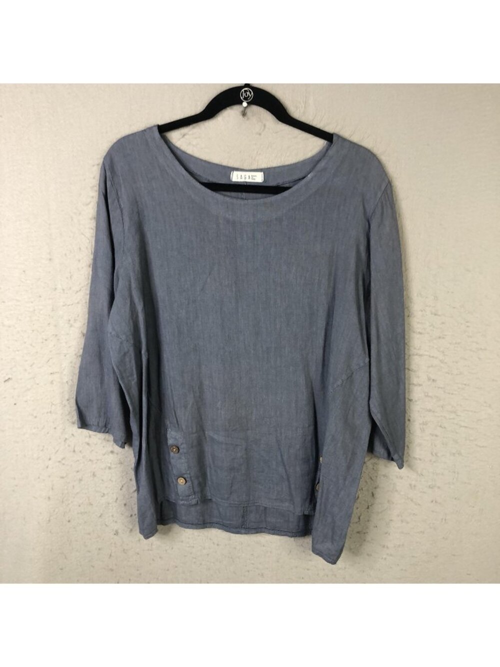 Saga Tunic Top Womens XL Blue 100% Linen Button Hem Italy Lagenlook Boho Relaxed